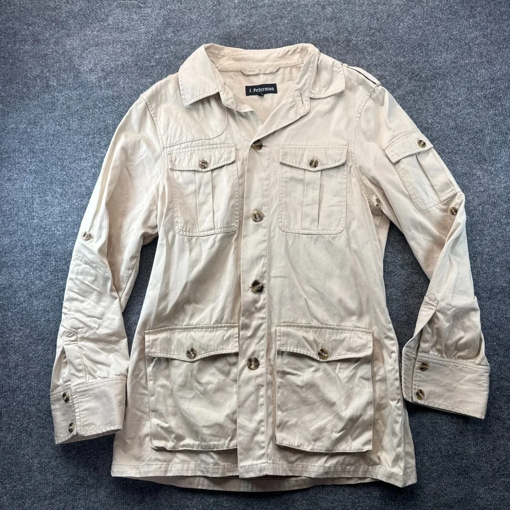 J. Peterman Safari Jacket Men M Beige Shoulder Epaulets Utility Pockets Collared